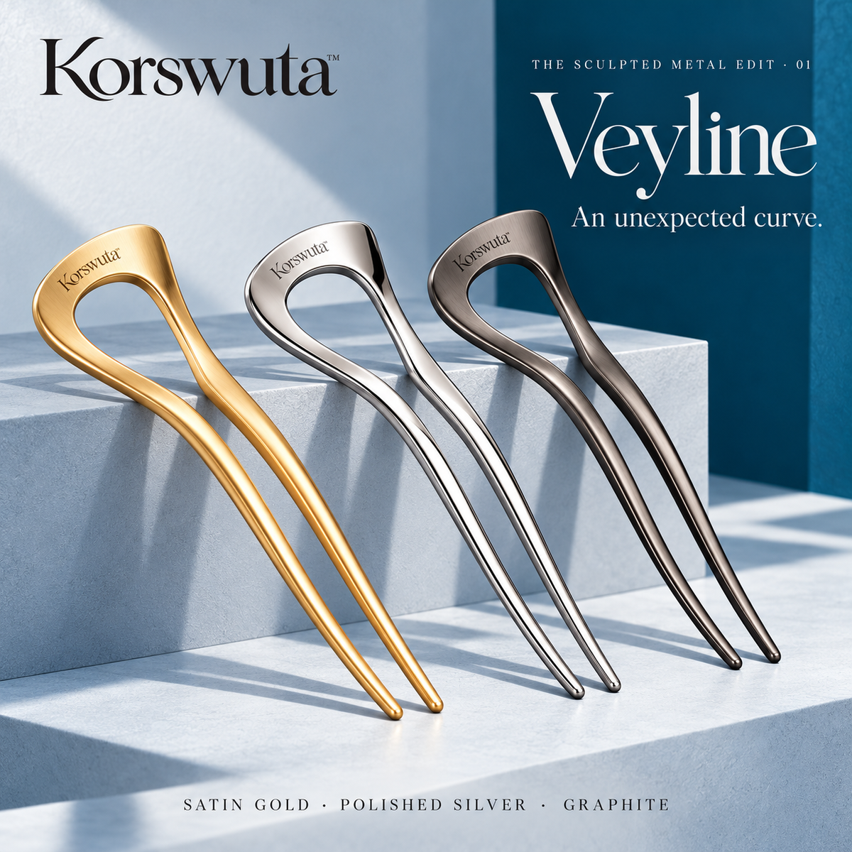 Korswuta™ Veyline Sculptural French Hair Pin — Metal U-Shaped Hair Fork for Women, Bun & Chignon Styling Accessory