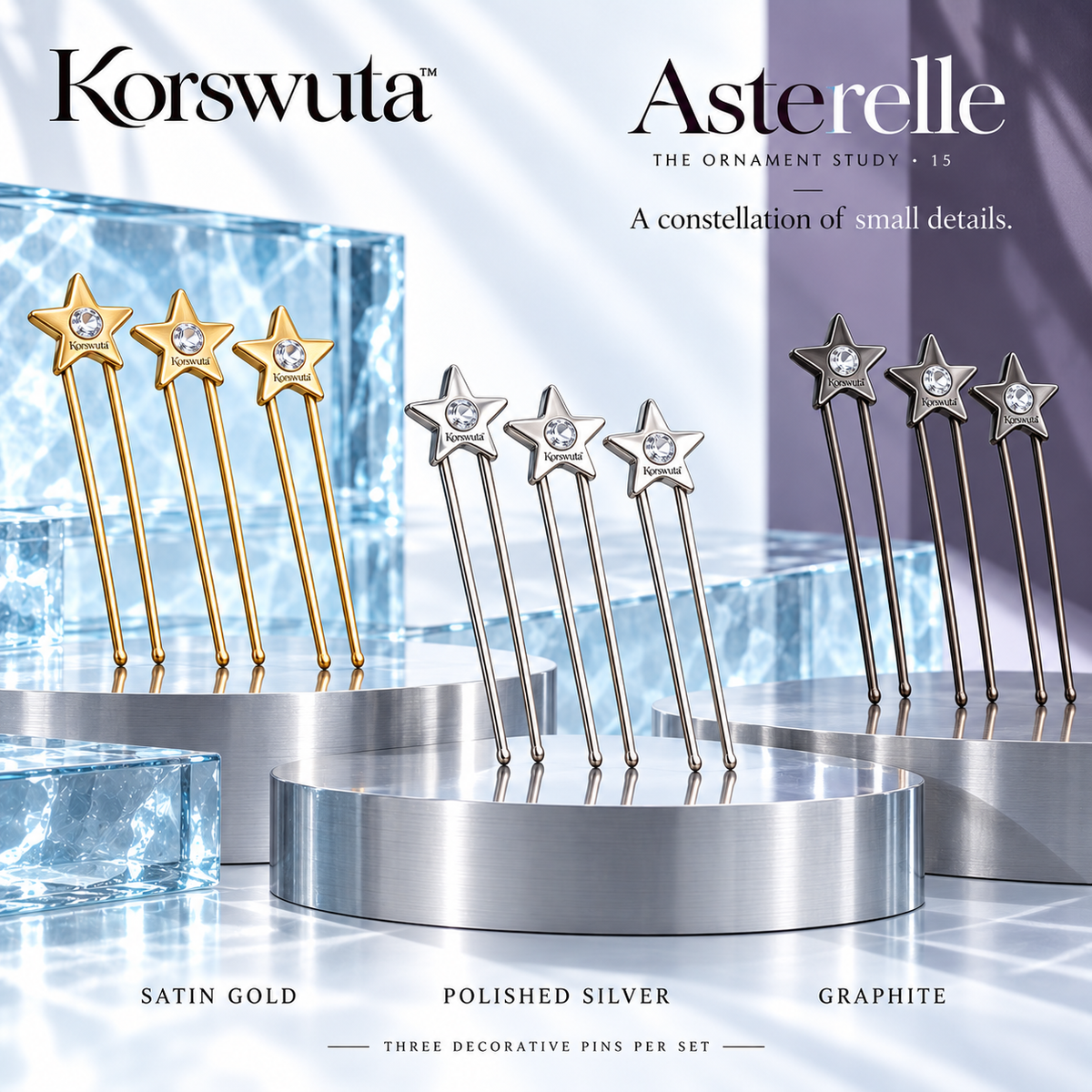Korswuta™ Asterelle Star Hair Pin Set — 3-Piece Metal U-Pins with Glass Accents for Women, Decorative Wedding Guest & Occasion Updo Accessories