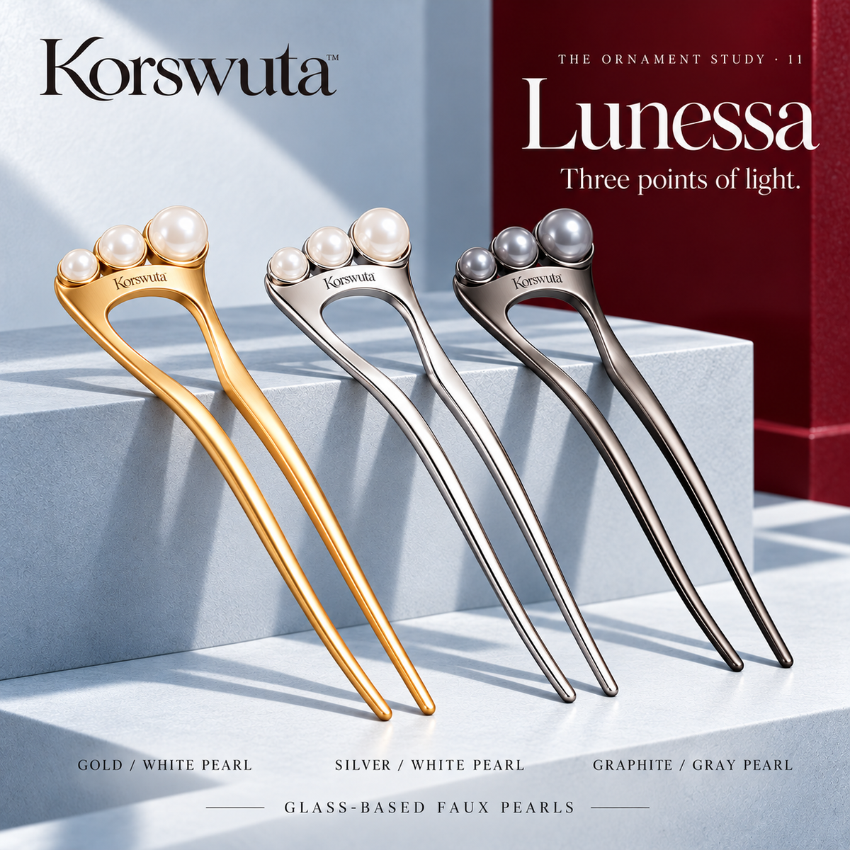 Korswuta™ Lunessa Faux Pearl French Hair Pin — Metal U-Shaped Hair Fork for Women, Pearl-Accent Bun, Chignon & Wedding Guest Accessory