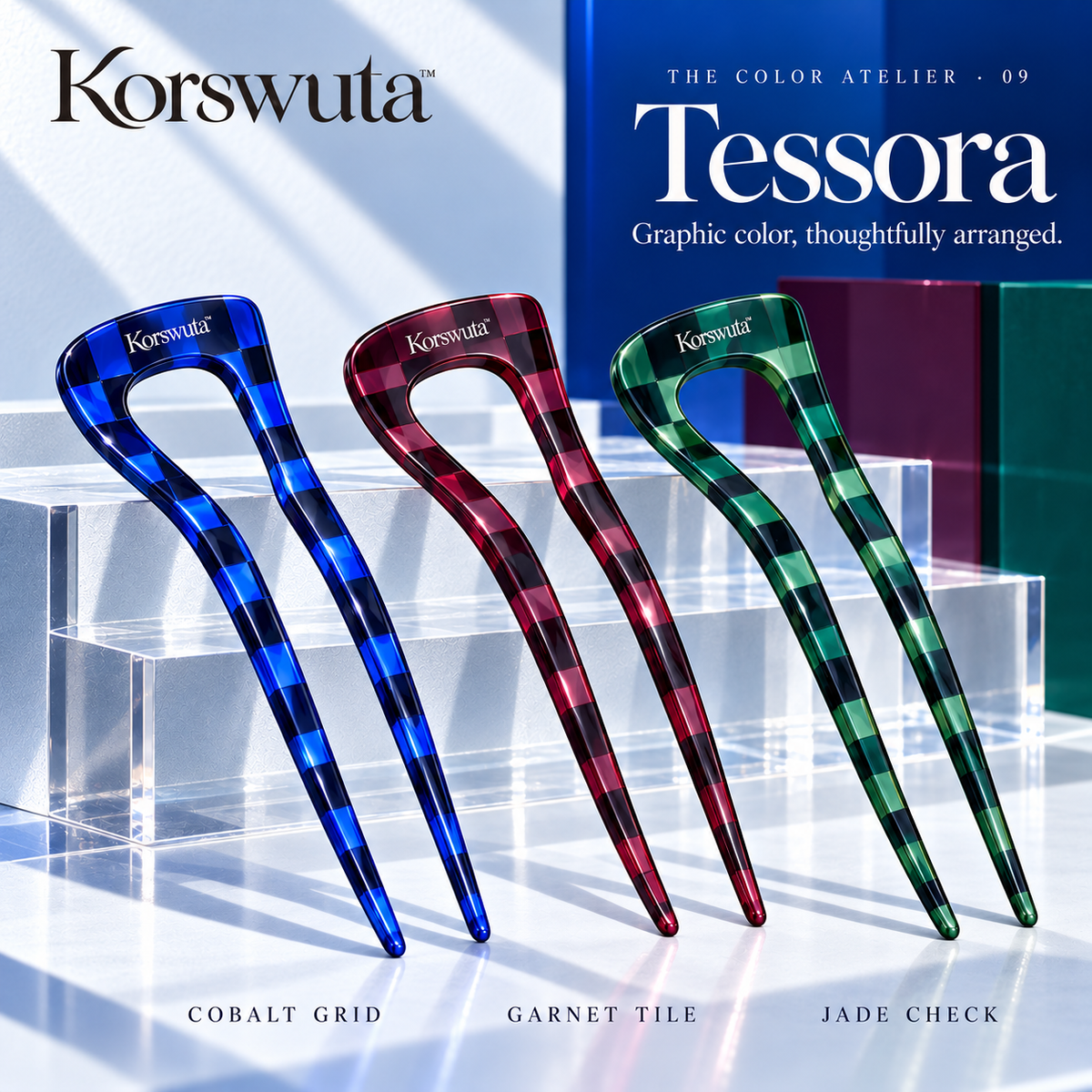 Korswuta™ Tessora Colorblock Acetate French Hair Pin — Geometric U-Shaped Hair Fork for Women, Statement Bun & Chignon Accessory