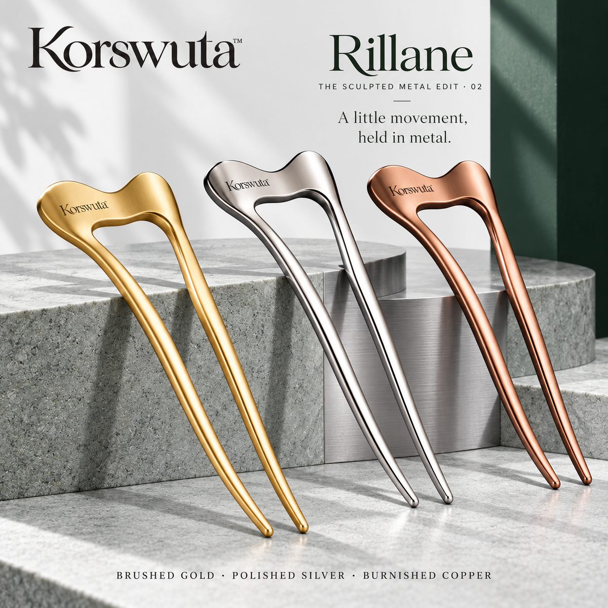 Korswuta™ Rillane Wave French Hair Pin — Brass U-Shaped Hair Fork for Women, Sculptural Bun Holder & Twist Styling Accessory