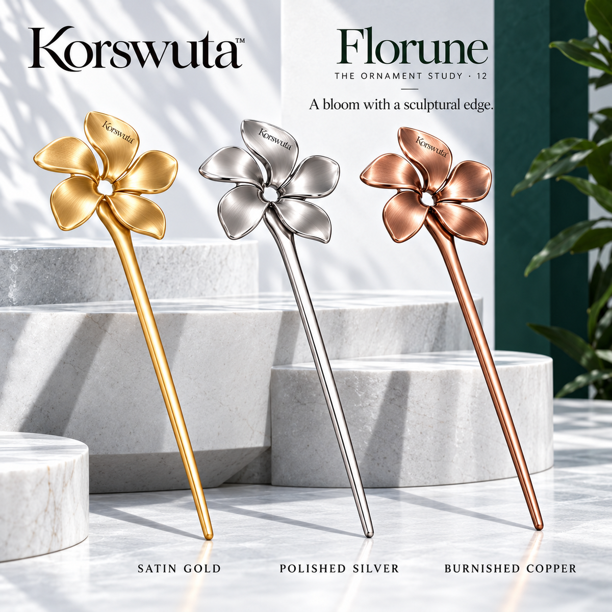 Korswuta™ Florune Sculptural Flower Hair Stick — Metal Single-Prong Hair Pin for Women, Floral Bun & Occasion Updo Accessory
