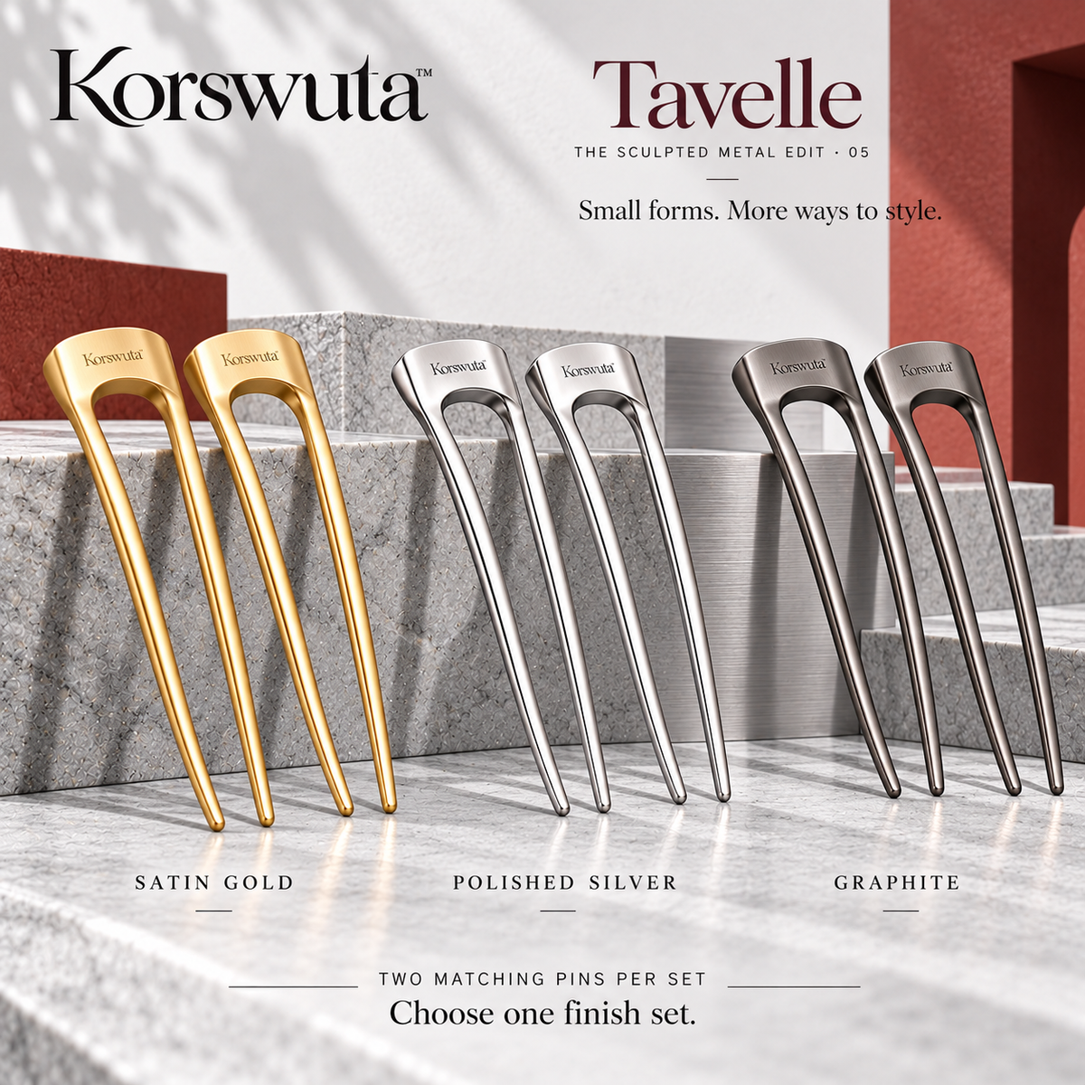 Korswuta™ Tavelle Mini French Hair Pin Set — 2-Piece Metal U-Shaped Hair Forks for Women, Half-Up Twists & Small Bun Styling