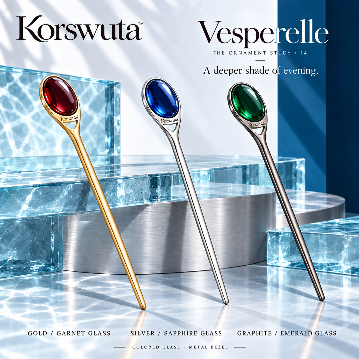 Korswuta™ Vesperelle Colored Glass Hair Stick — Metal Single-Prong Hair Pin for Women, Bezel-Set Bun & Evening Updo Accessory