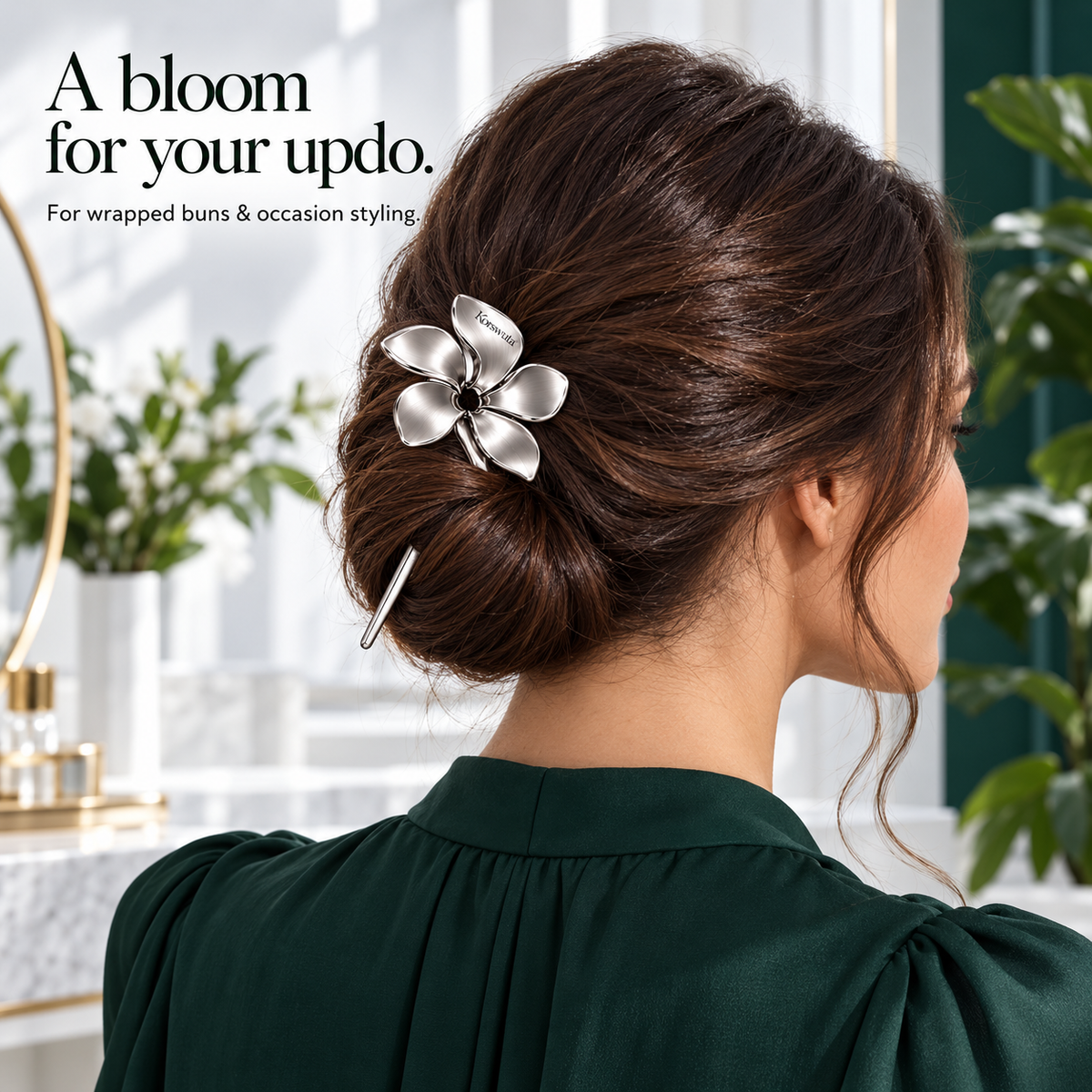 Korswuta™ Florune Sculptural Flower Hair Stick — Metal Single-Prong Hair Pin for Women, Floral Bun & Occasion Updo Accessory