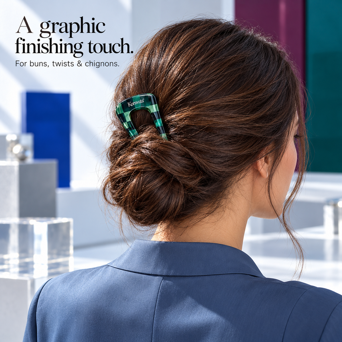 Korswuta™ Tessora Colorblock Acetate French Hair Pin — Geometric U-Shaped Hair Fork for Women, Statement Bun & Chignon Accessory