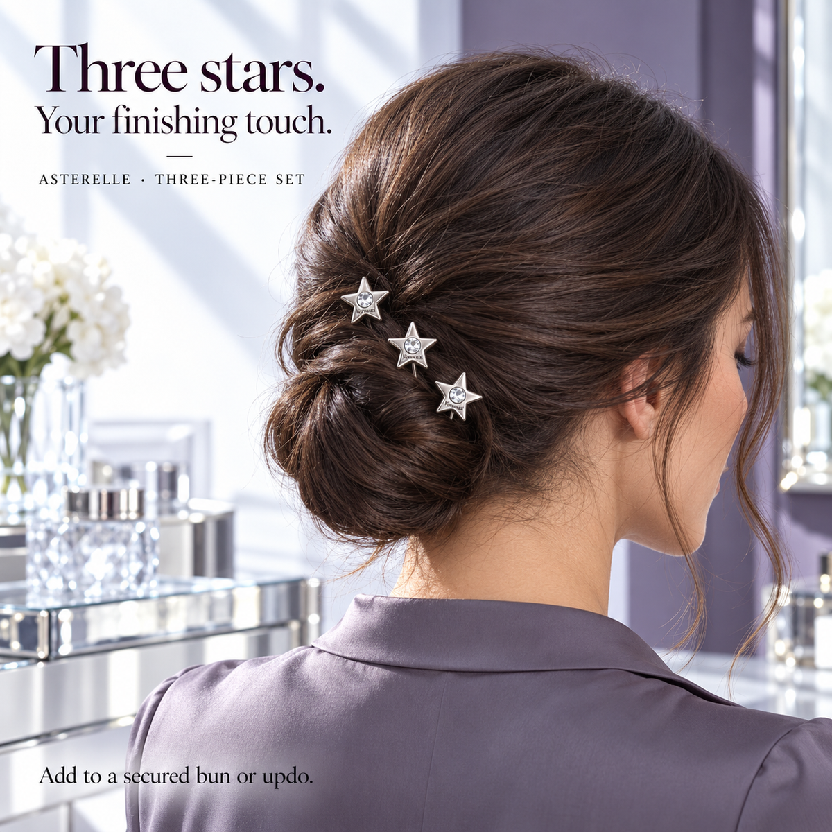 Korswuta™ Asterelle Star Hair Pin Set — 3-Piece Metal U-Pins with Glass Accents for Women, Decorative Wedding Guest & Occasion Updo Accessories
