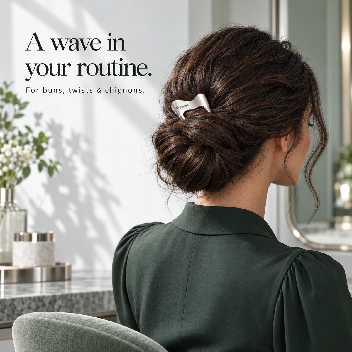 Korswuta™ Rillane Wave French Hair Pin — Brass U-Shaped Hair Fork for Women, Sculptural Bun Holder & Twist Styling Accessory