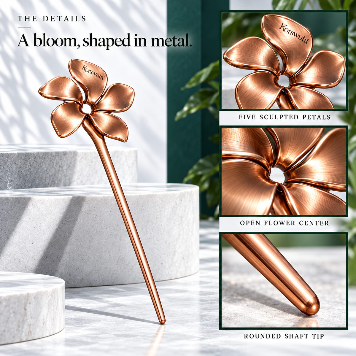 Korswuta™ Florune Sculptural Flower Hair Stick — Metal Single-Prong Hair Pin for Women, Floral Bun & Occasion Updo Accessory
