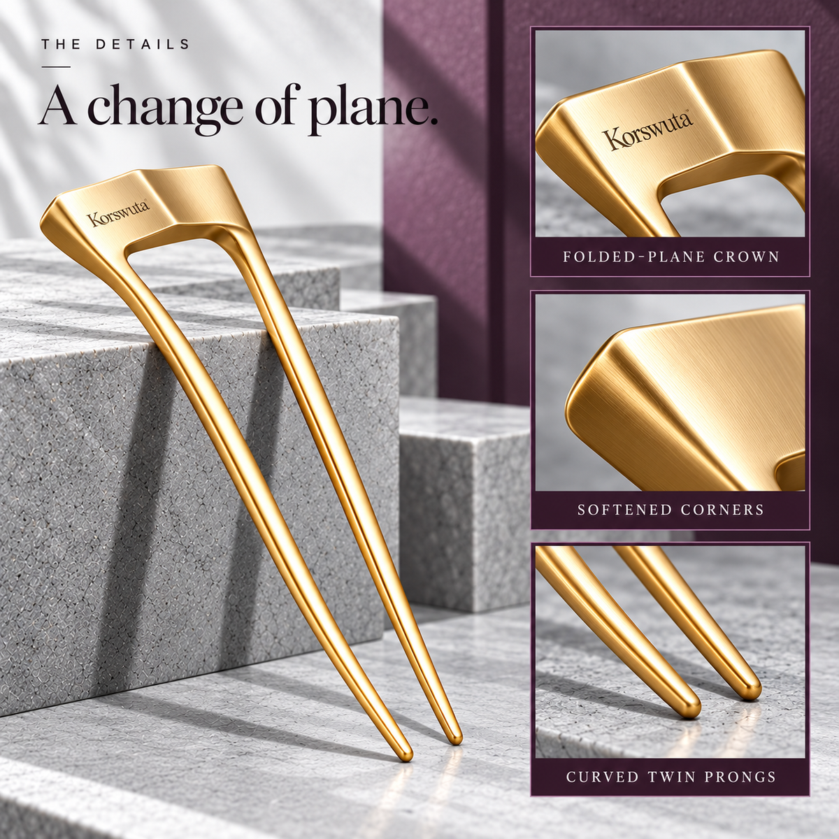 Korswuta™ Foldra Geometric French Hair Pin — Folded Metal U-Pin for Women, Brass Hair Fork for Buns, Chignons & Updos