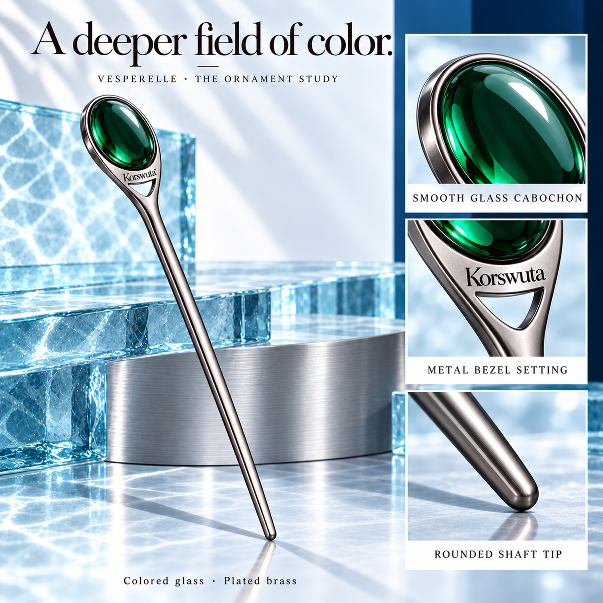 Korswuta™ Vesperelle Colored Glass Hair Stick — Metal Single-Prong Hair Pin for Women, Bezel-Set Bun & Evening Updo Accessory