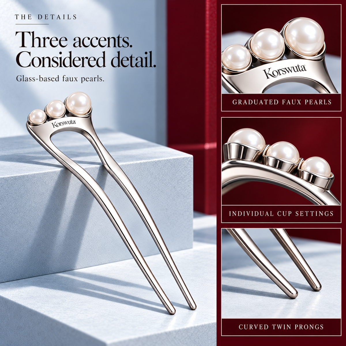 Korswuta™ Lunessa Faux Pearl French Hair Pin — Metal U-Shaped Hair Fork for Women, Pearl-Accent Bun, Chignon & Wedding Guest Accessory