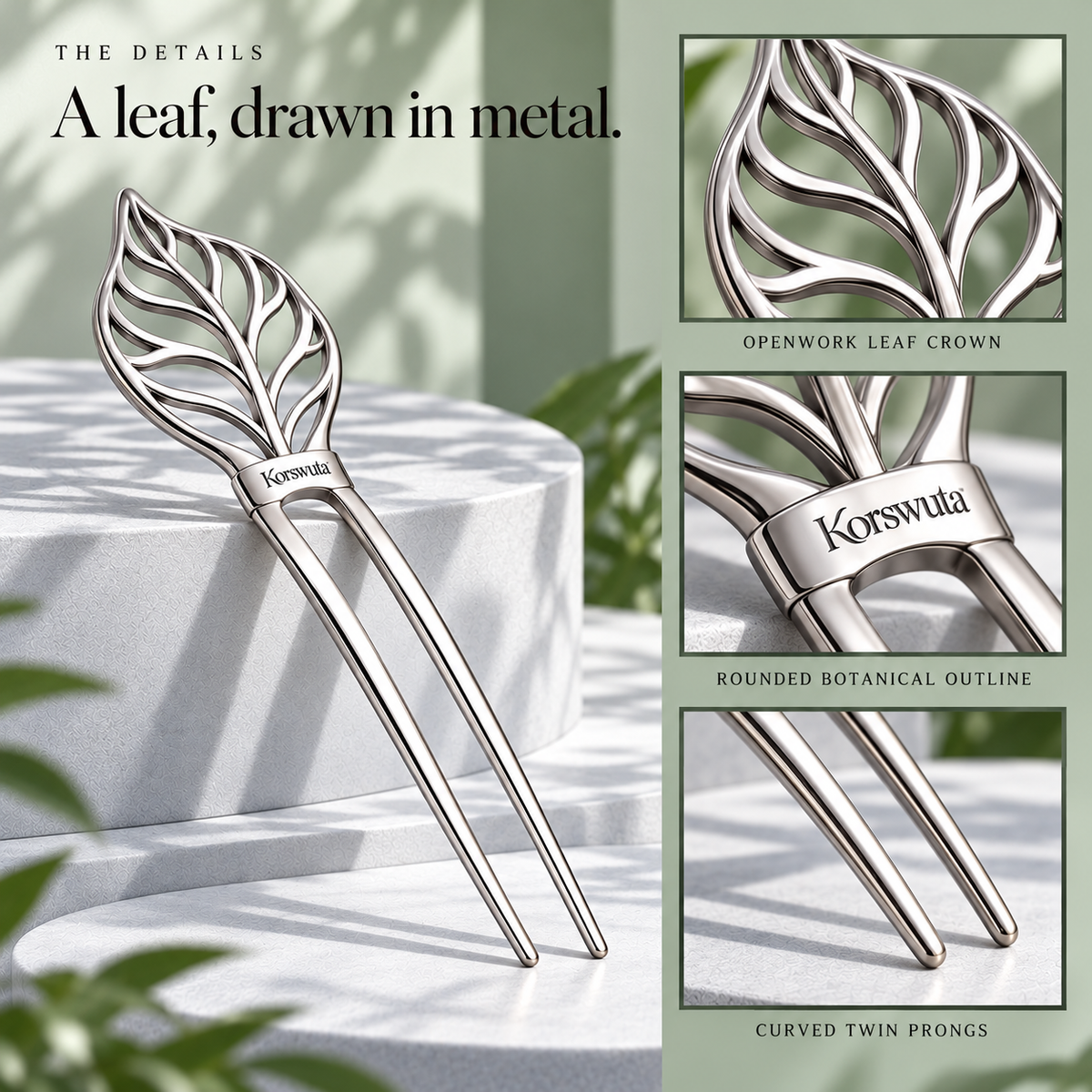 Korswuta™ Sylvane Leaf French Hair Pin — Openwork Metal U-Shaped Hair Fork for Women, Botanical Bun & Chignon Accessory