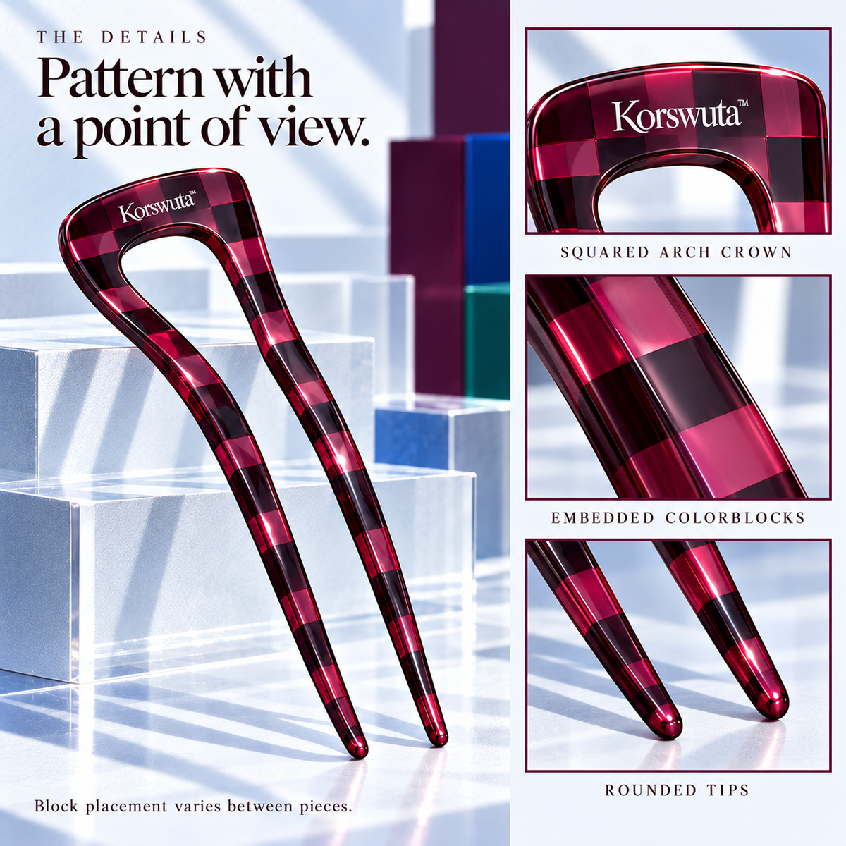 Korswuta™ Tessora Colorblock Acetate French Hair Pin — Geometric U-Shaped Hair Fork for Women, Statement Bun & Chignon Accessory