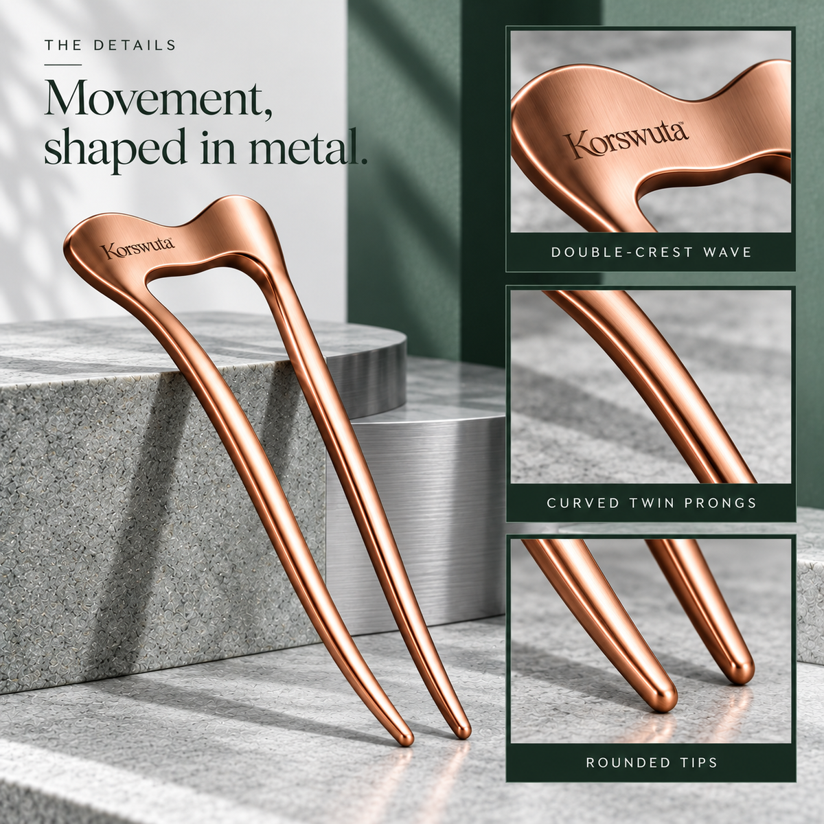 Korswuta™ Rillane Wave French Hair Pin — Brass U-Shaped Hair Fork for Women, Sculptural Bun Holder & Twist Styling Accessory