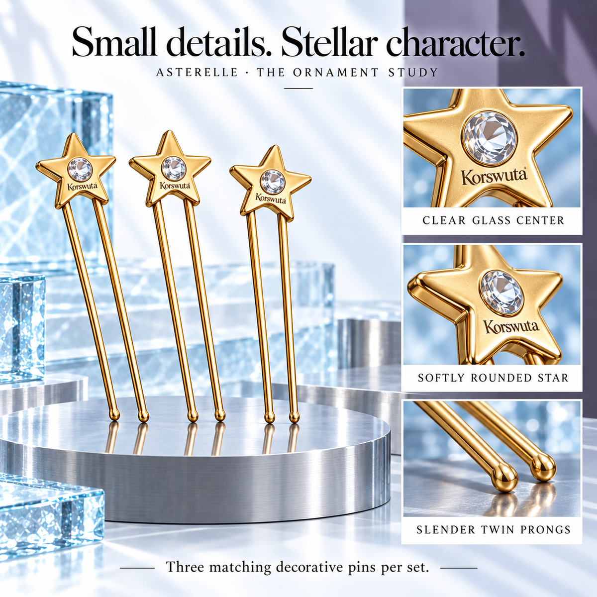 Korswuta™ Asterelle Star Hair Pin Set — 3-Piece Metal U-Pins with Glass Accents for Women, Decorative Wedding Guest & Occasion Updo Accessories