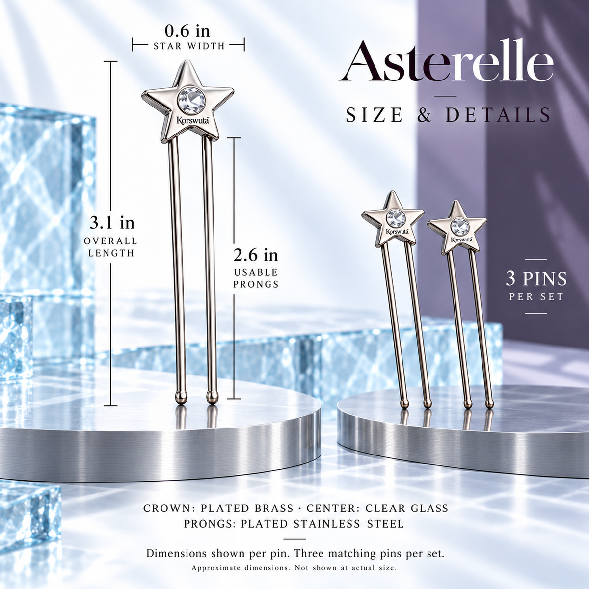 Korswuta™ Asterelle Star Hair Pin Set — 3-Piece Metal U-Pins with Glass Accents for Women, Decorative Wedding Guest & Occasion Updo Accessories